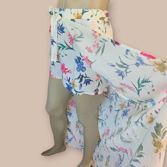 Joe B Tropical Romper Shorts Overlay Open Maxi Skirt Size L Tie Waist Pull On - Picture 7 of 16